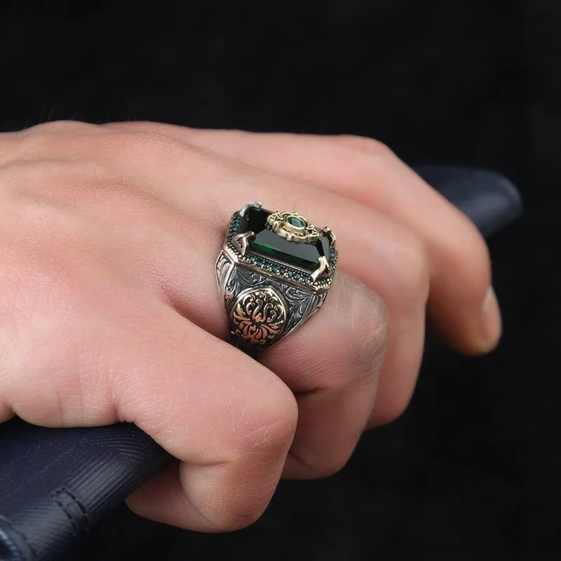 Retro Handmade Turkish Signet Ring for Men Vintage Silver Color Carving Pattern Inlay Green Zircon Party Punk Motor Biker Ring - Image 2