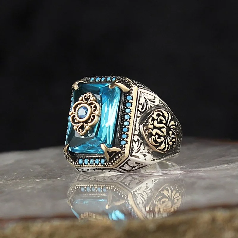 Retro Handmade Turkish Signet Ring for Men Vintage Silver Color Carving Pattern Inlay Green Zircon Party Punk Motor Biker Ring - Image 3