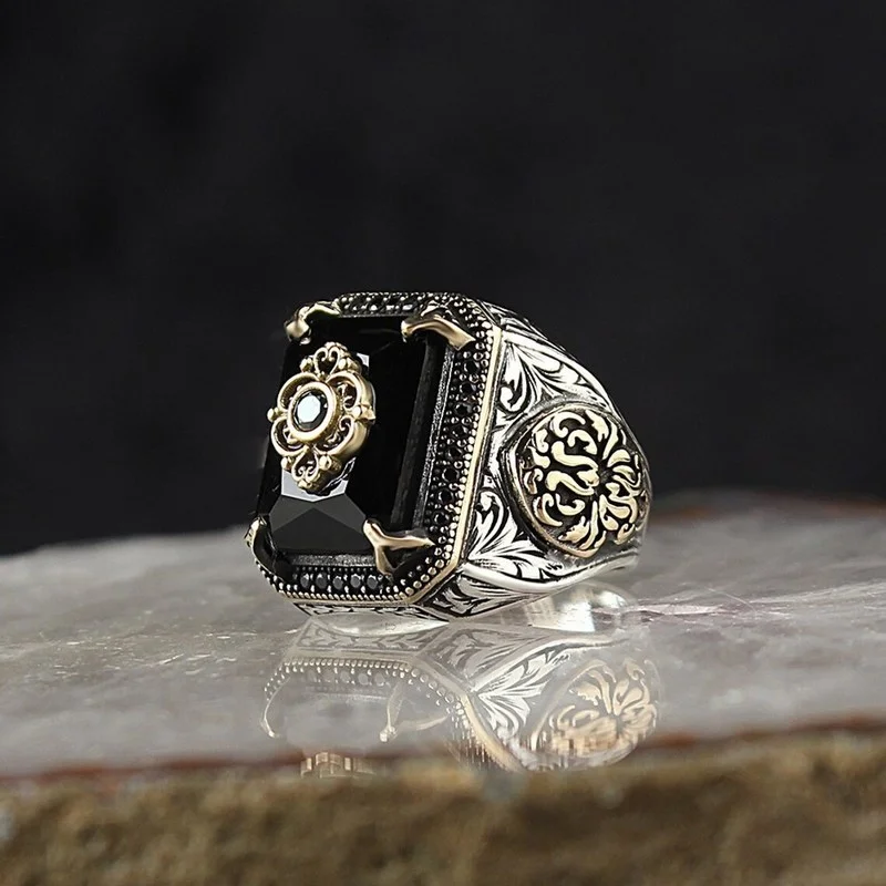 Retro Handmade Turkish Signet Ring for Men Vintage Silver Color Carving Pattern Inlay Green Zircon Party Punk Motor Biker Ring - Image 5
