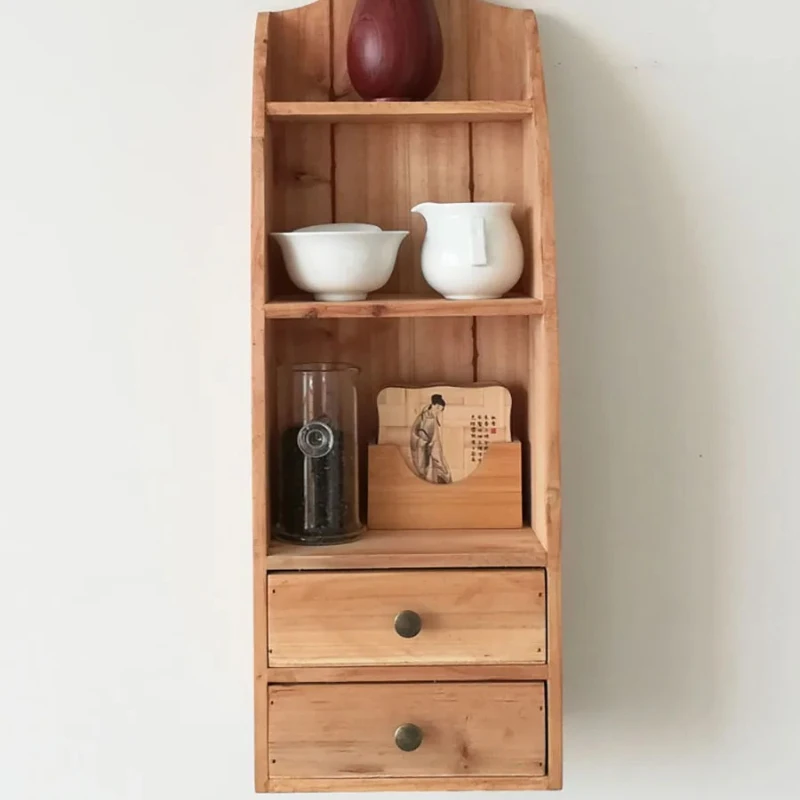 Minimalist Wall Tea Cup Shelf, Wooden Tea Set Display with Cabinet for Dining Bar Kitchen, Floating Storage for Mugs Plates - Image 3