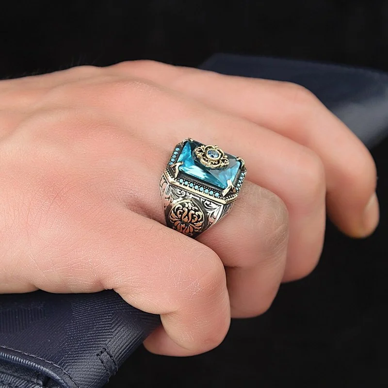 Retro Handmade Turkish Signet Ring for Men Vintage Silver Color Carving Pattern Inlay Green Zircon Party Punk Motor Biker Ring - Image 4