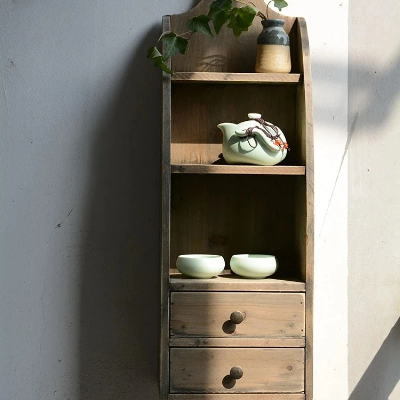 Minimalist Wall Tea Cup Shelf, Wooden Tea Set Display with Cabinet for Dining Bar Kitchen, Floating Storage for Mugs Plates