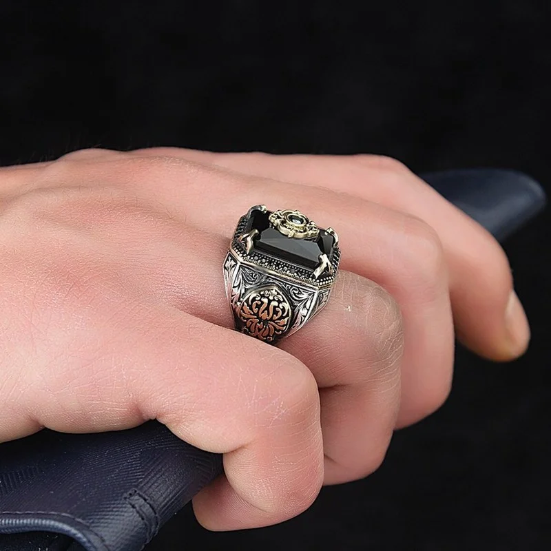 Retro Handmade Turkish Signet Ring for Men Vintage Silver Color Carving Pattern Inlay Green Zircon Party Punk Motor Biker Ring - Image 6
